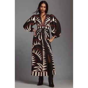 Farm Rio Coconut Grove Puff-Sleeve V-Neck Maxi Dress Button Front Sz XS